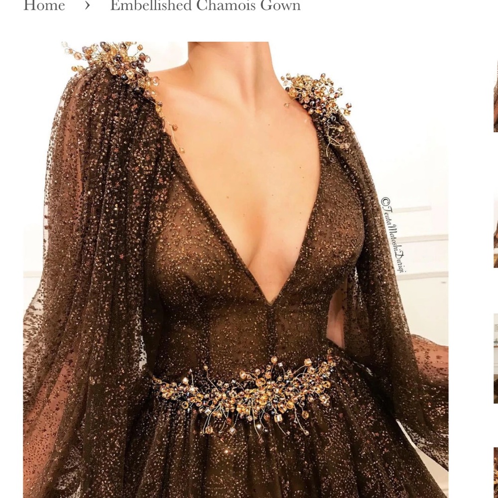 Teuta Matoshi Plus Size Embellished Brown Gown with Gold Accents